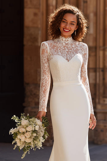 Modest Ivory Mermaid High Neck Wedding Dress With Lace
